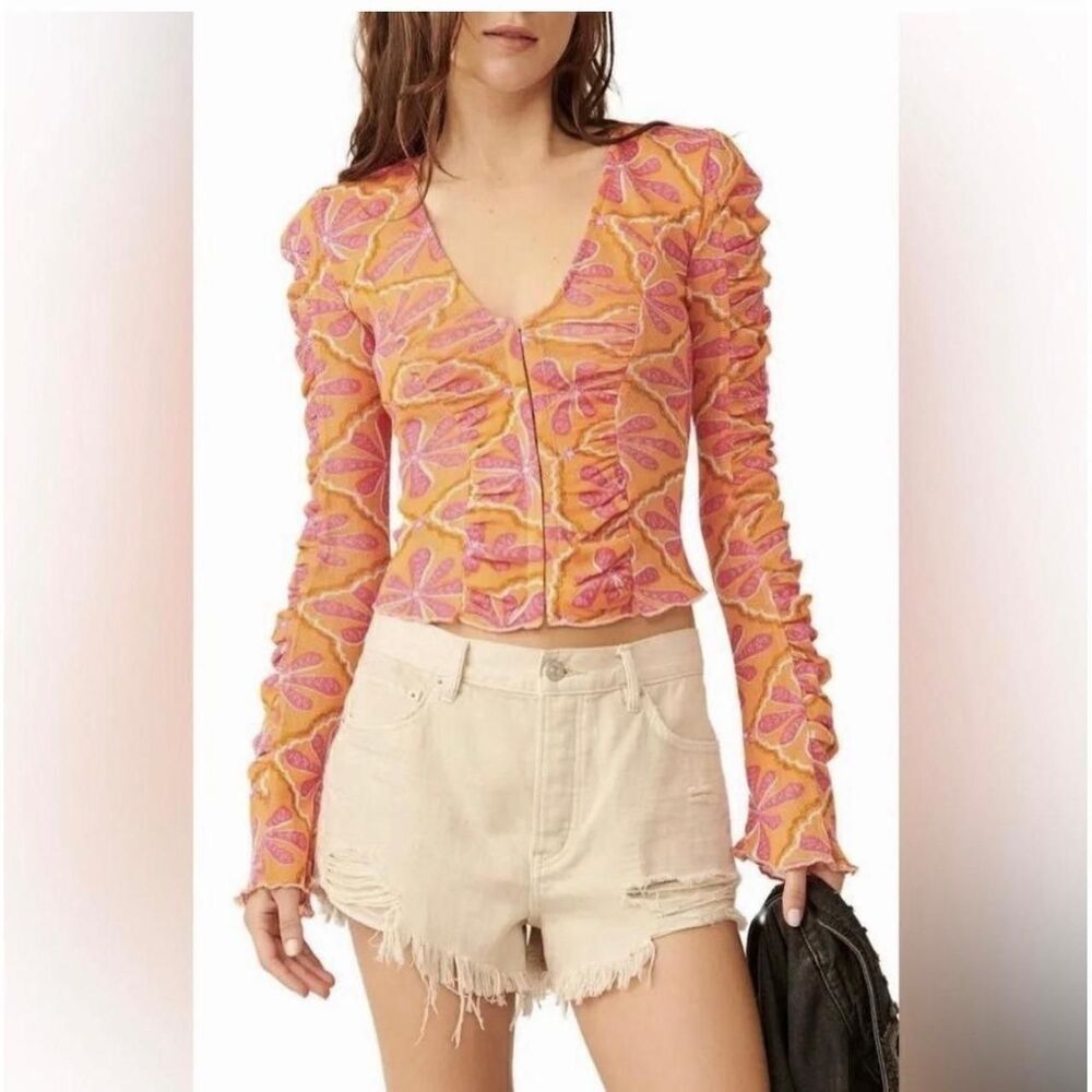 Free-people Women's Vneck Crop Top Ruffled Ruched Orange and Pink XS